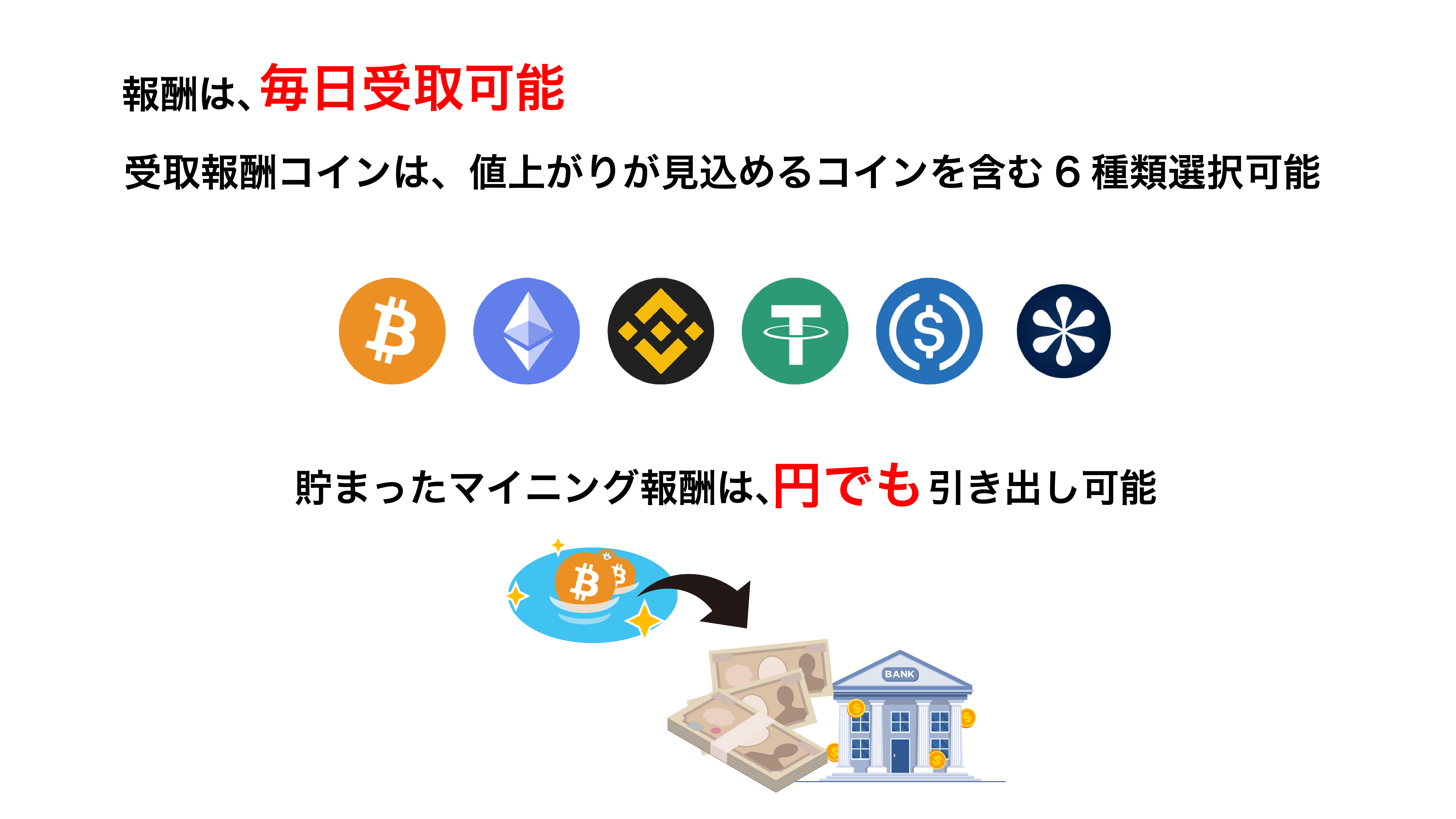 報酬は即時受取可能、マイニング報酬は毎日獲得値上がりコインも受取可能